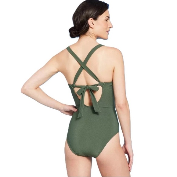 Shade & Shore Green One Piece Swimsuit with Plunging V-Neck - Picture 2 of 5
